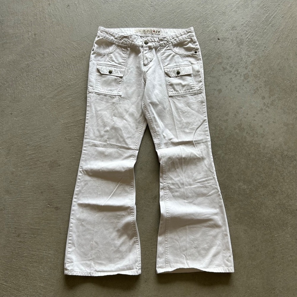 Vintage Y2K Mudd Flare Pants Womens Size 11 White Low Rise Cargo Bootcut